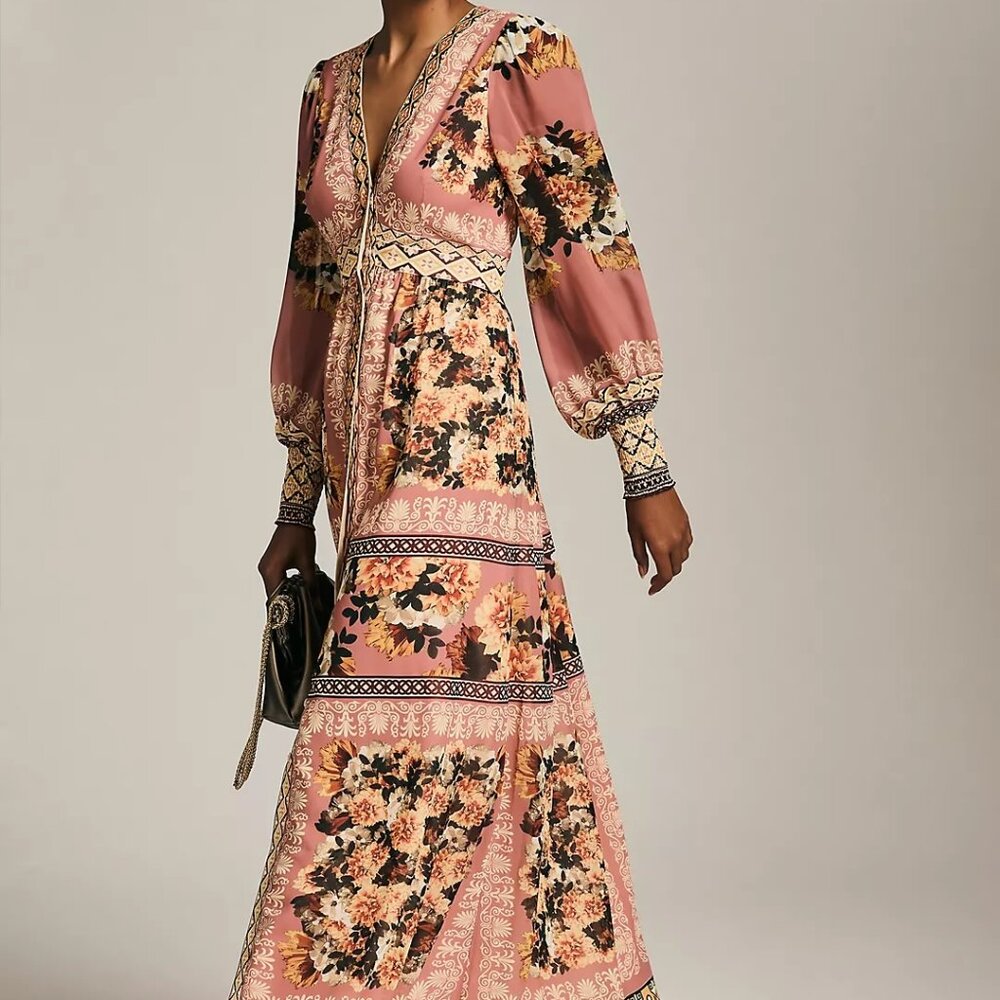 Anthropologie Vineet Bahl Embroidered Long Sleeve Rose Print Dress
